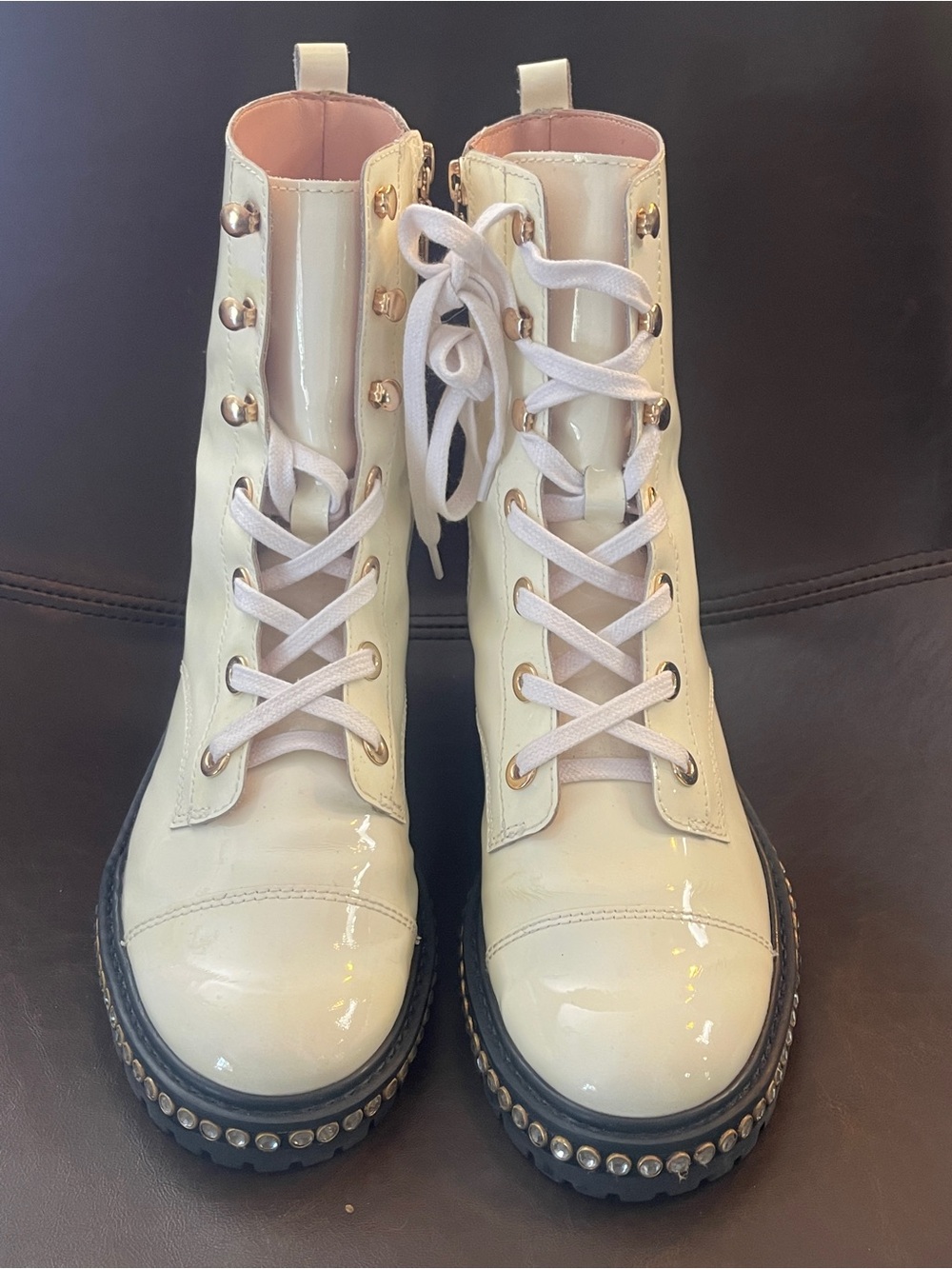 Schutz "Andorra" white patent leather combat boot with rhinestones Size 8.5